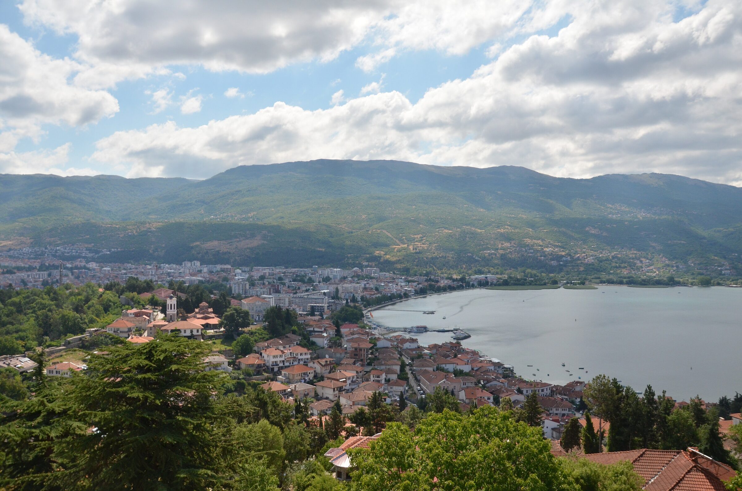 The town of Ohrid and its bay seen from above